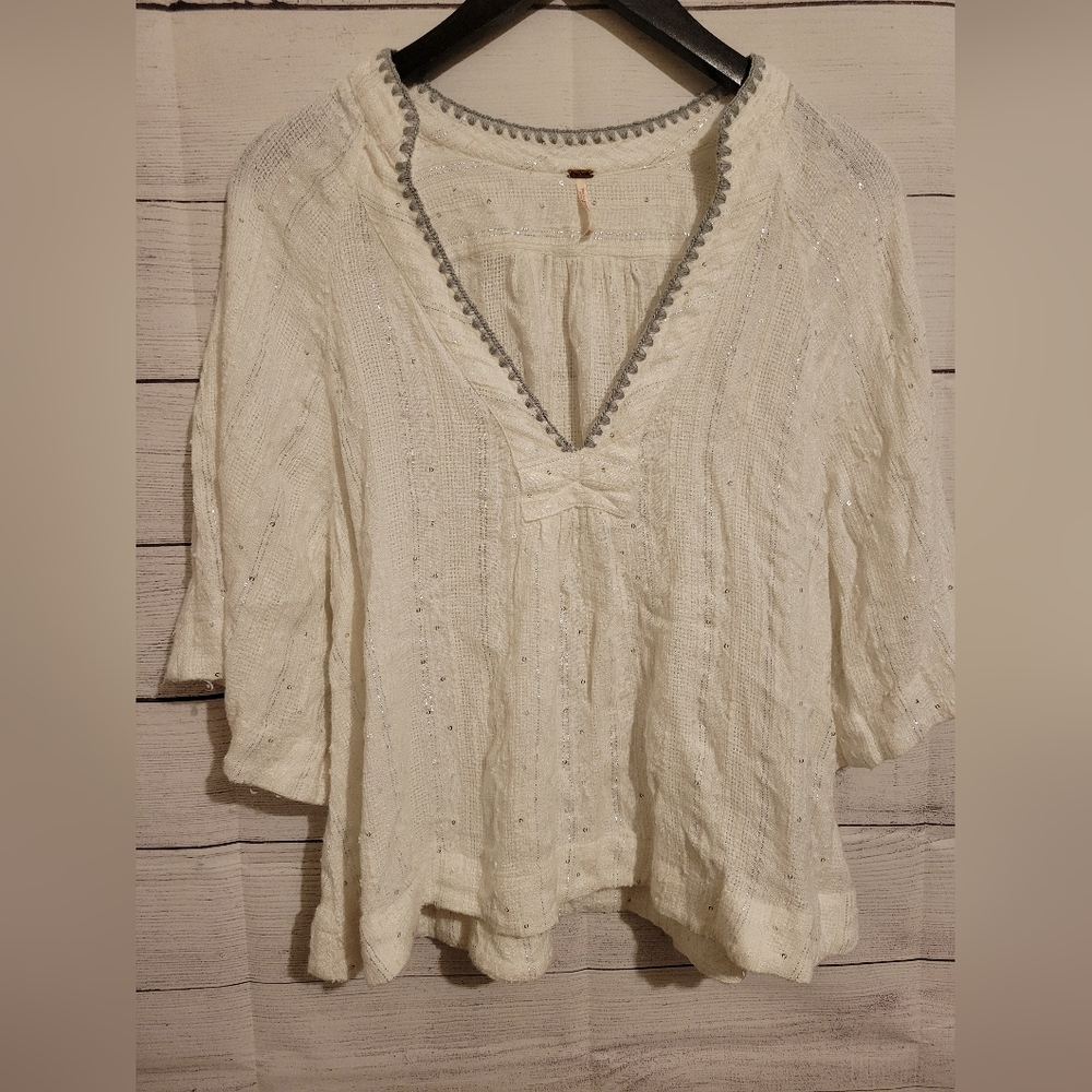 Free People XS  Boho Gauzy Blouse Festival Sequin Metallic Thread